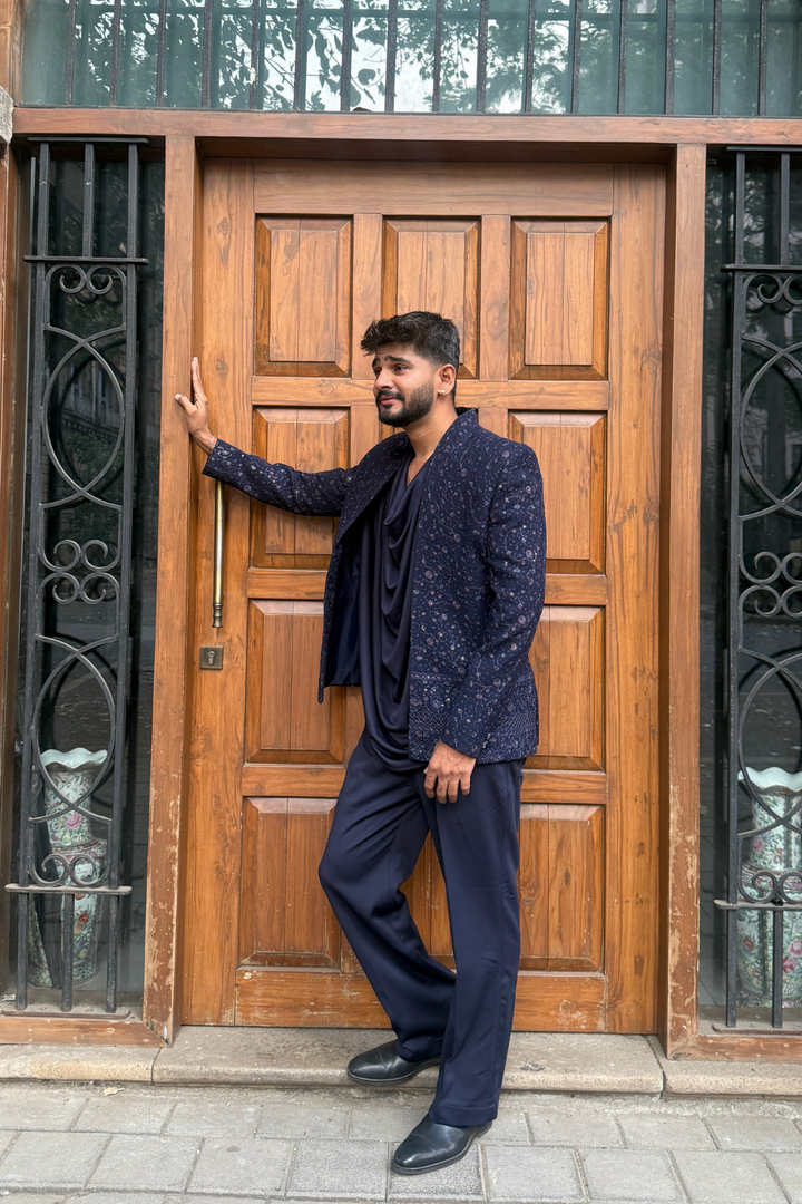 Navy blue cowl Jodhpuri set