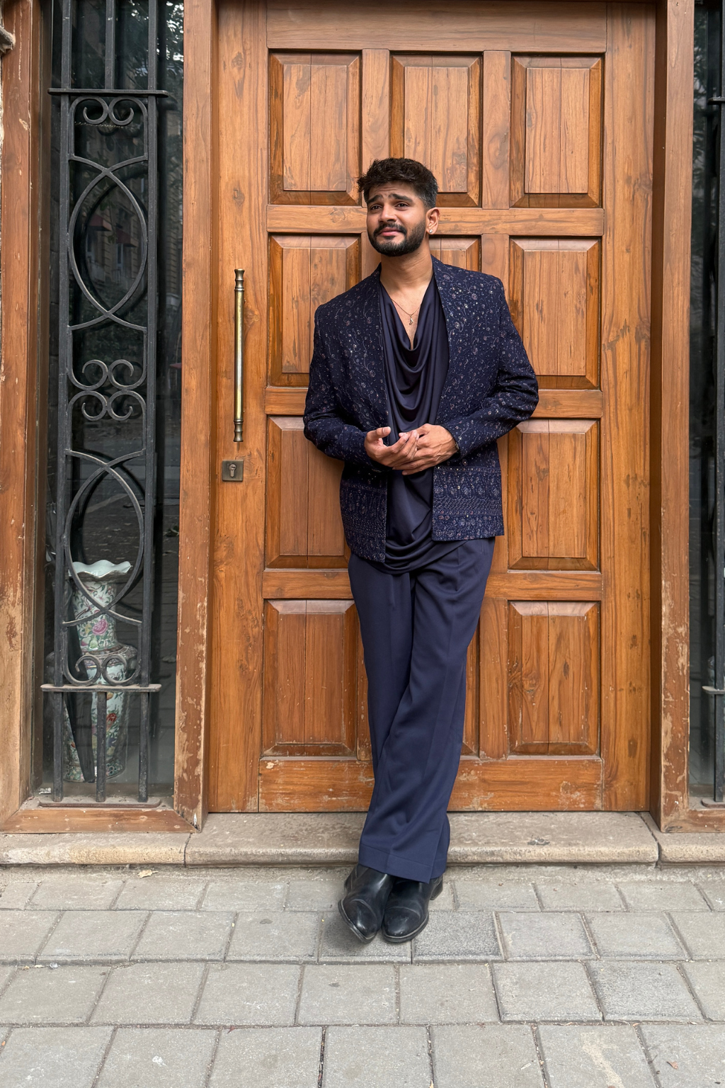 Navy blue cowl Jodhpuri set