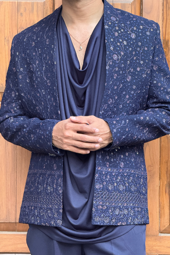 Navy blue cowl Jodhpuri set