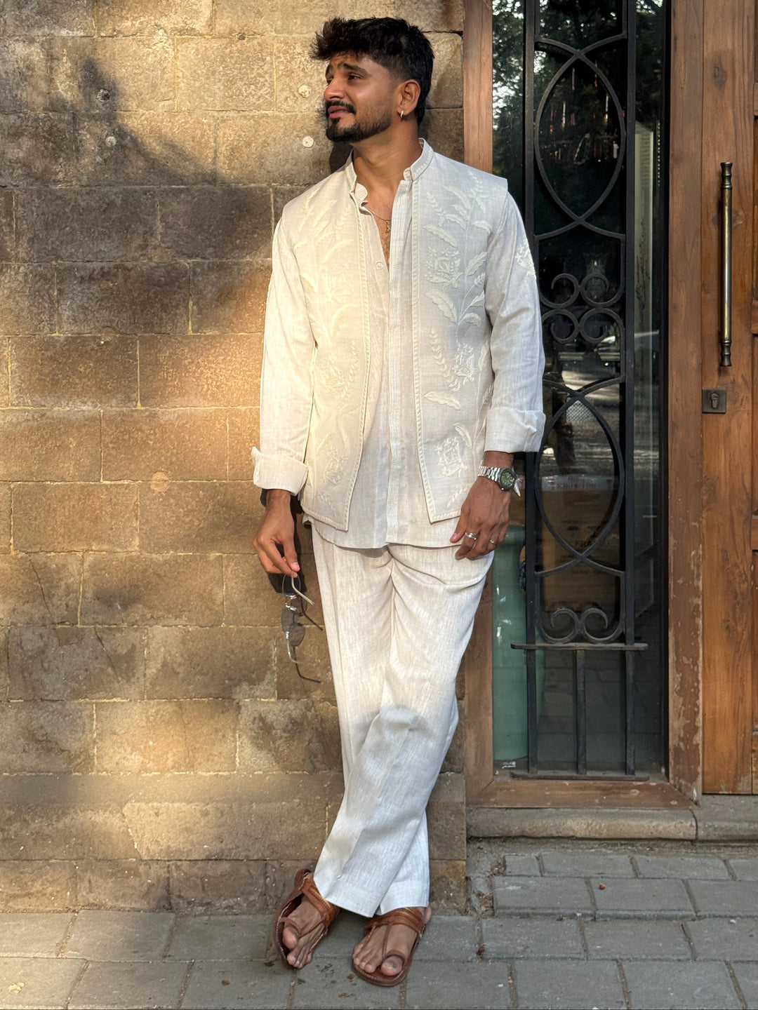 Off-White Linen Embroidered Kurta Shirt Set