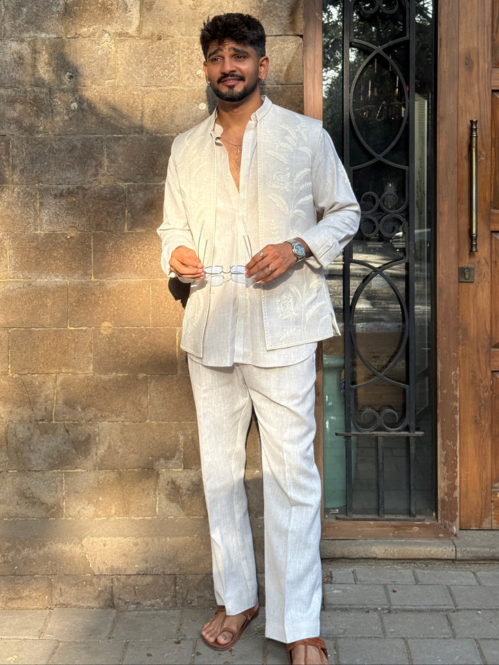 Off-White Linen Embroidered Kurta Shirt Set