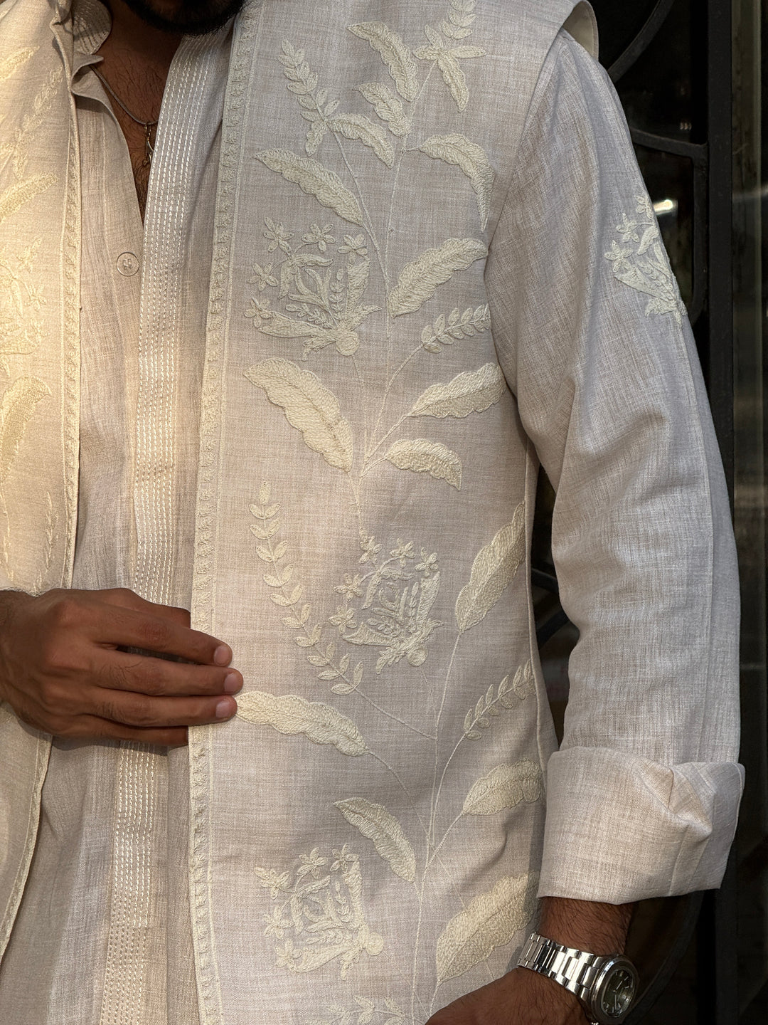 Off-White Linen Embroidered Kurta Shirt Set