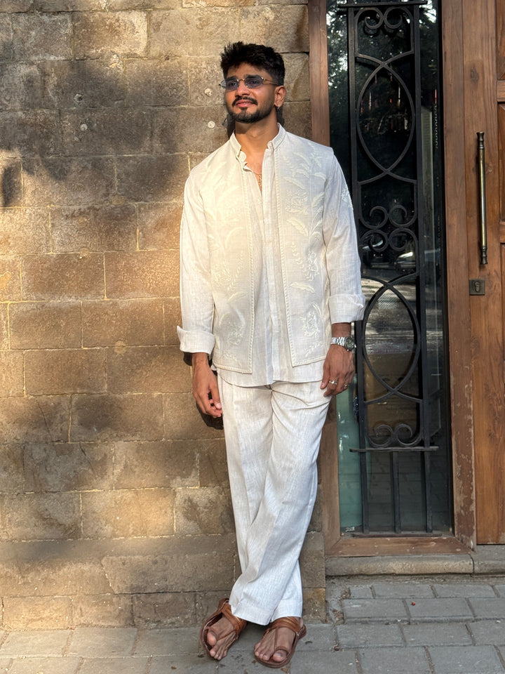 Off-White Linen Embroidered Kurta Shirt Set