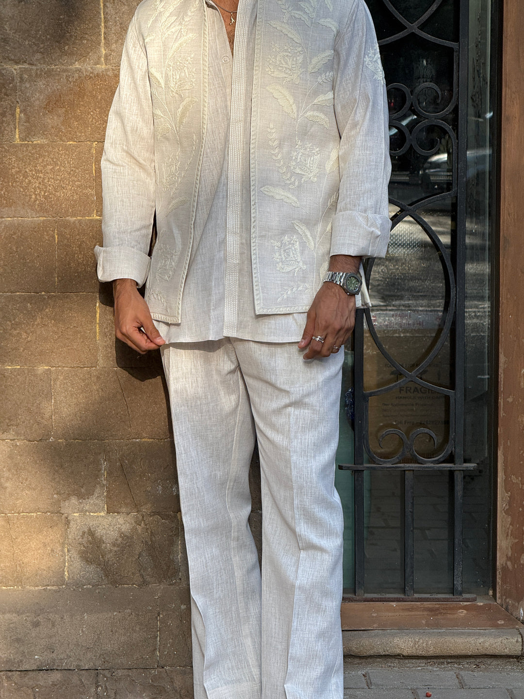 Off-White Linen Embroidered Kurta Shirt Set