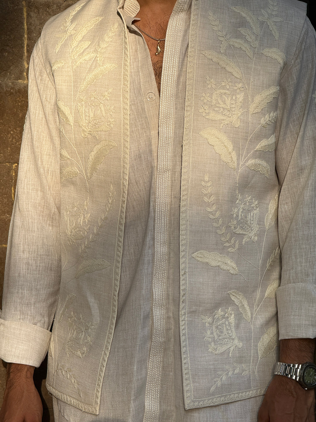 Off-White Linen Embroidered Kurta Shirt Set