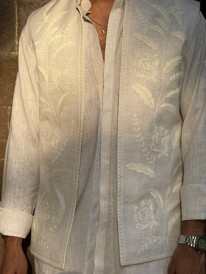 Off-White Linen Embroidered Kurta Shirt Set