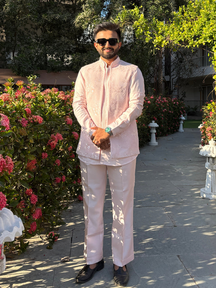 Pastel Pink Embroidered Kurta Jacket Set
