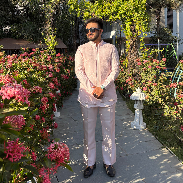 Pastel Pink Embroidered Kurta Jacket Set