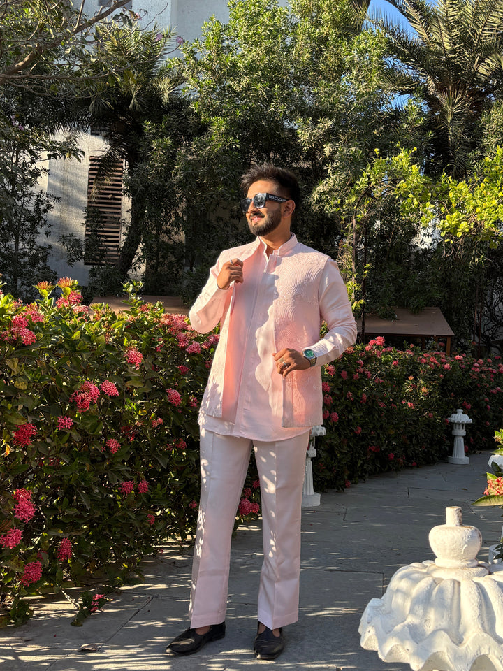Pastel Pink Embroidered Kurta Jacket Set