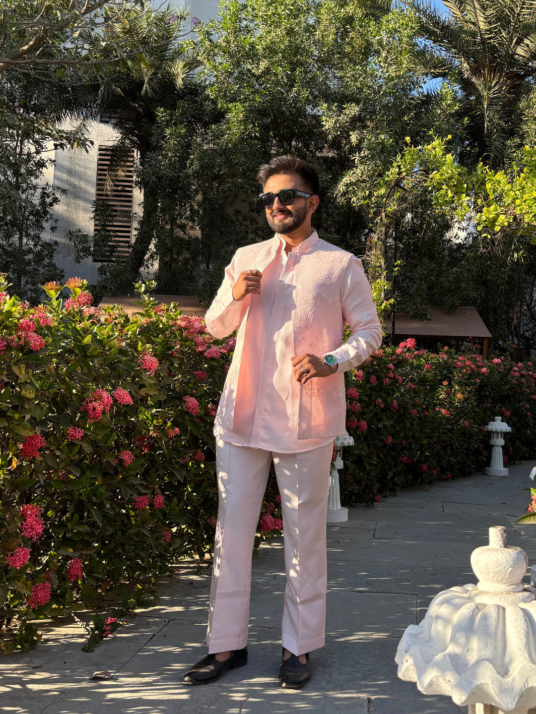 Pastel Pink Embroidered Kurta Jacket Set