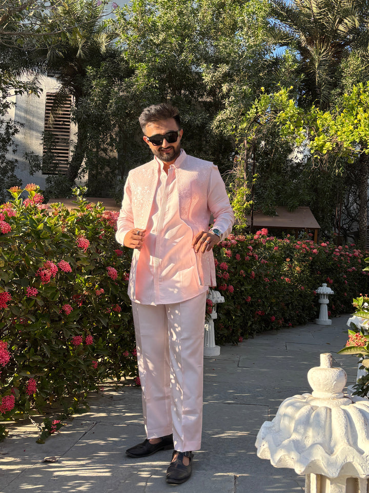 Pastel Pink Embroidered Kurta Jacket Set