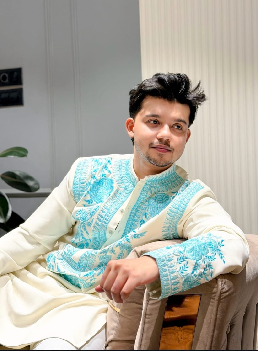 Ivory Azure Embroidered Kurta