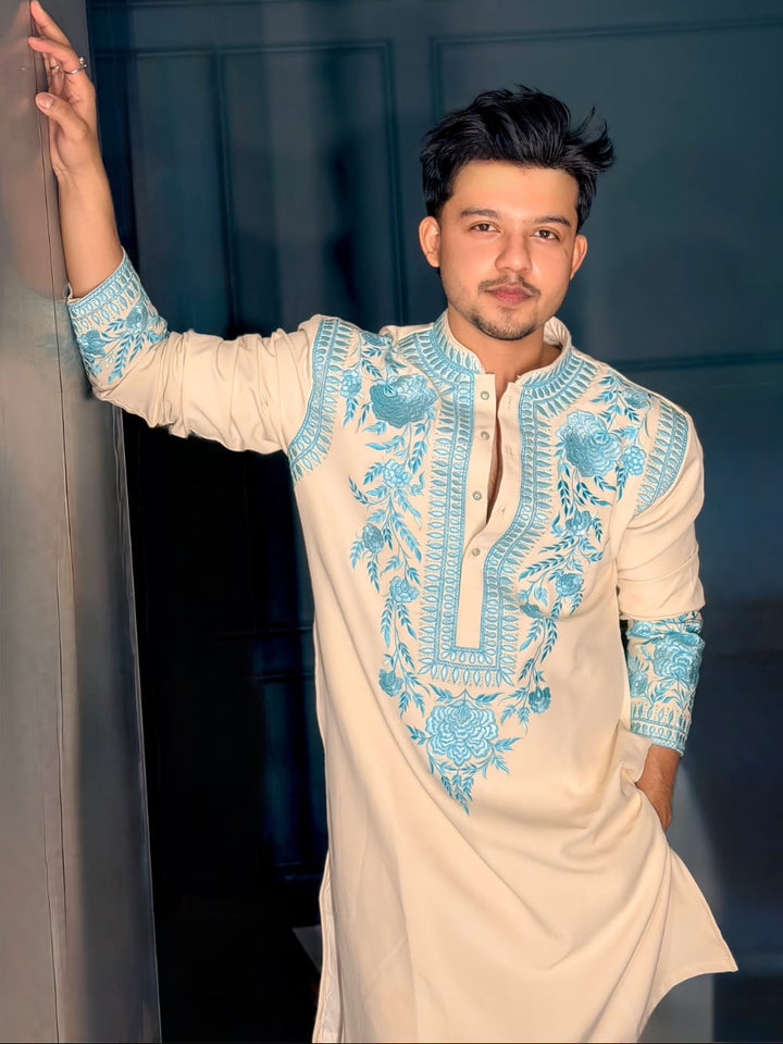Ivory Azure Embroidered Kurta
