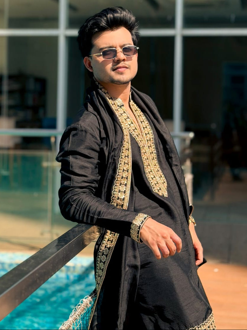 Midnight Black Embroidered Kurta Set with Dupatta