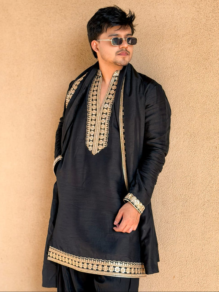 Midnight Black Embroidered Kurta Set with Dupatta