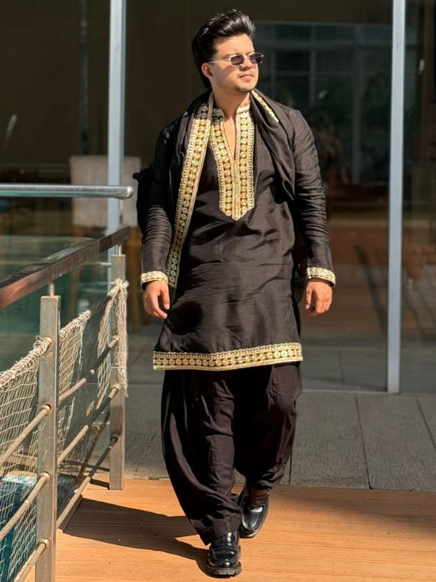 Midnight Black Embroidered Kurta Set with Dupatta